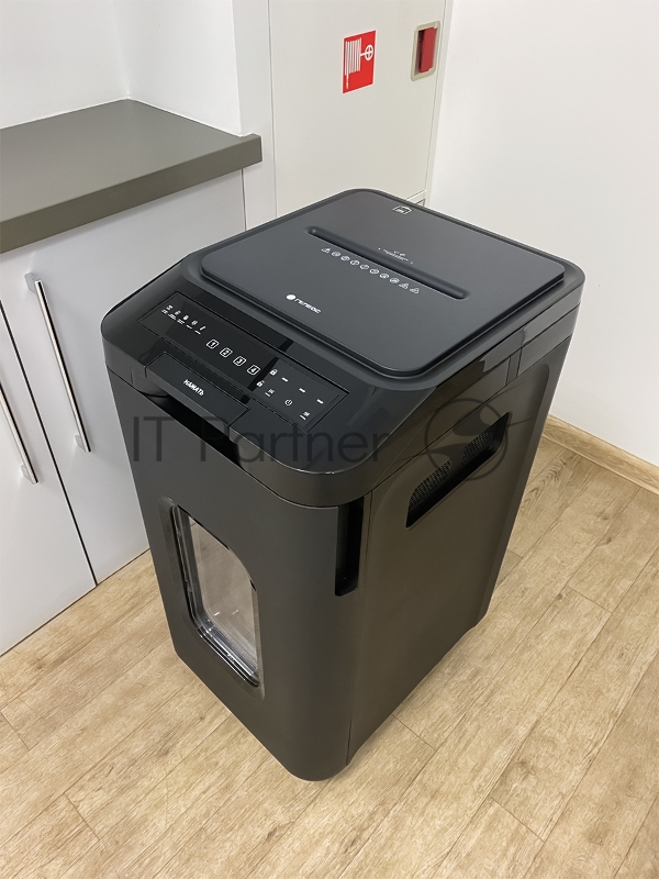 Шредер Heleos АП55-4 черный с автоподачей (секр.P-4) фрагменты 400лист. 55лтр. скрепки скобы пл.карты