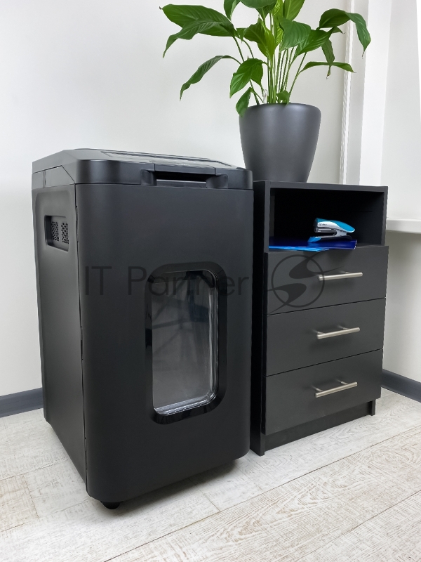 Шредер Heleos АП55-4 черный с автоподачей (секр.P-4) фрагменты 400лист. 55лтр. скрепки скобы пл.карты