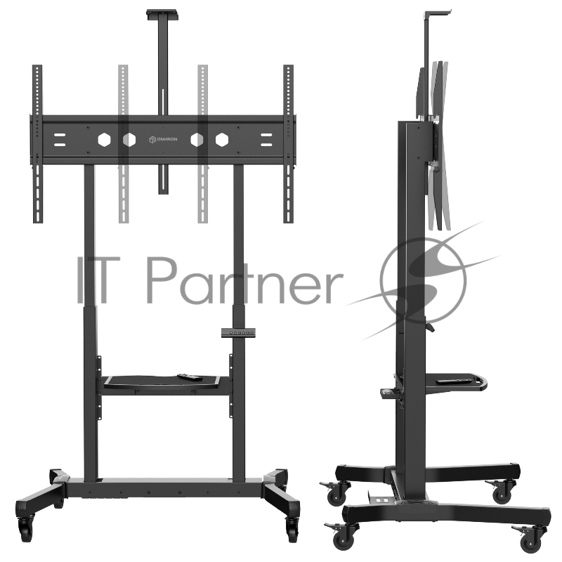 Мобильная стойка ONKRON на 1 ТВ/ 50-100 от 200х200 до 1000х600, макс нагр 120кг, 1 полка для AV, полка для камеры, кабель-канал, высота 1234-1685мм, черный