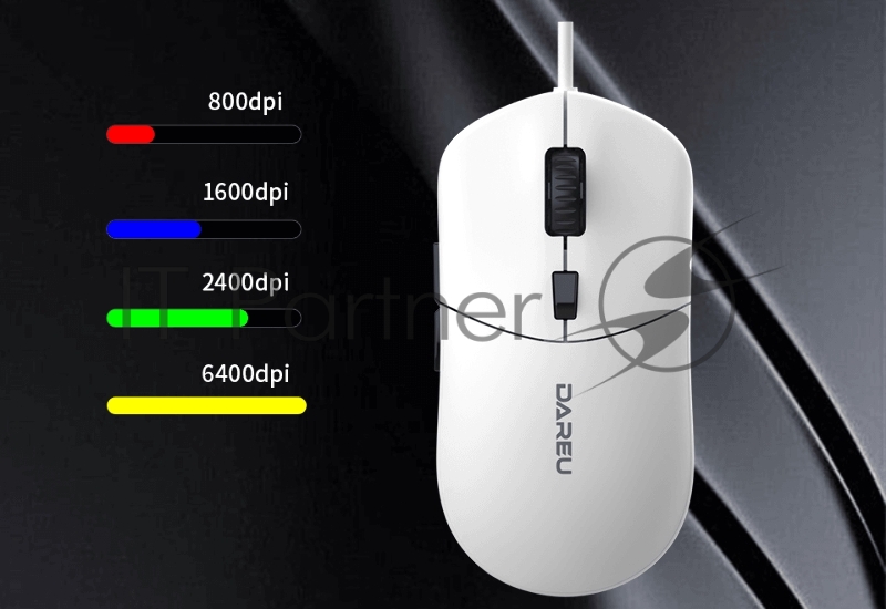 Мышь проводная Dareu LM121 White (белый), DPI 800/1600/2400/6400, подсветка RGB, размер 116x35x60мм, 1,8м