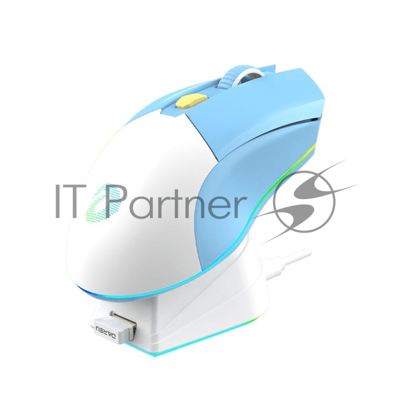 Мышь игровая беспроводная Dareu EM901X Blue-White (голубой-белый), DPI 400/800/1600/3200/6400/12000, подключение: проводное+2.4GHz, подсветка RGB, с зарядной станцией, встроенный аккумулятор 930mAh, размер 124x67x39мм