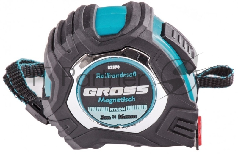 Рулетка Magnetisch, 3м х 16мм,обрезин. корпус,автоматич. фиксация, нейлон. покр.,магн. зацеп// Gross