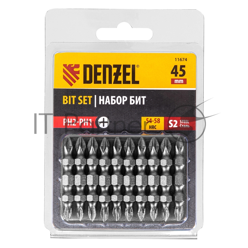Набор бит двухстор., PH2-PH1х45 мм, сталь S2, 10шт.// Denzel