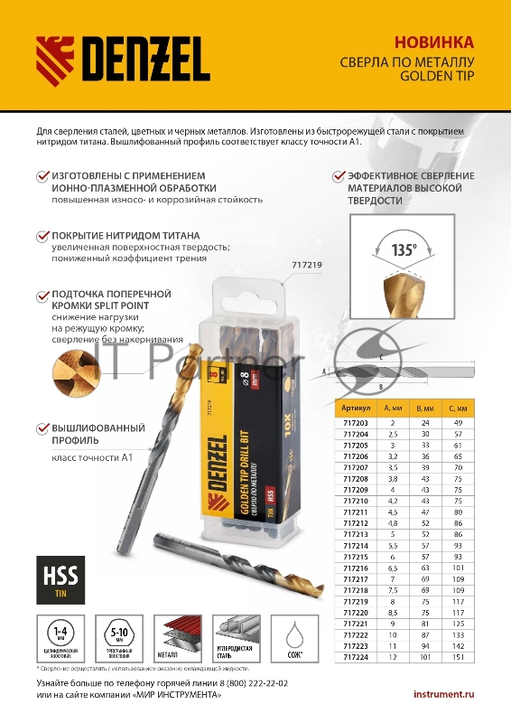 Сверло по металлу, 9 мм, HSS-Tin, Golden Tip, 8 шт.// Denzel
