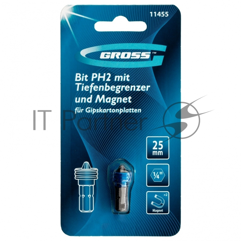 Бита PH2x25 мм с ограничителем и магнитом, для ГКЛ, S2// Gross