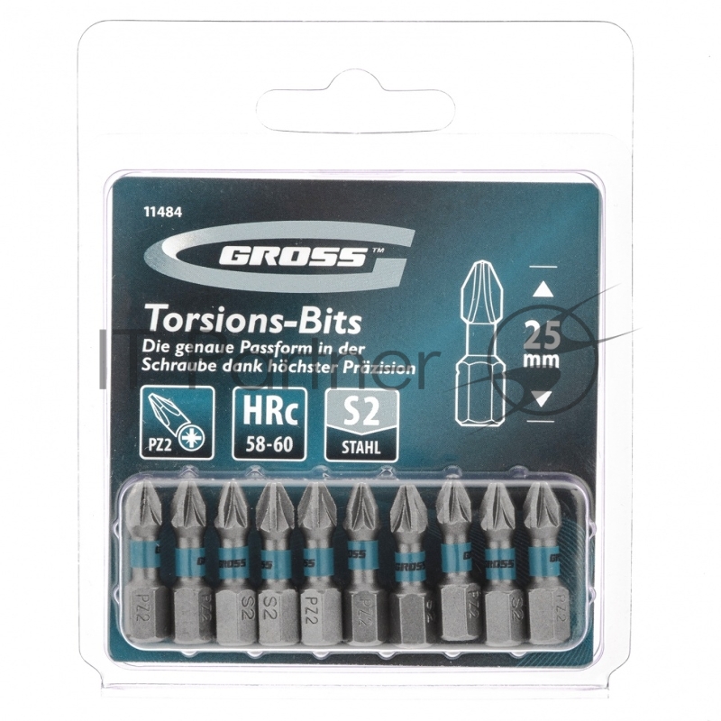 Набор бит торсионных PZ2x25 мм, для ударных шуруповертов, 10 шт.// Gross