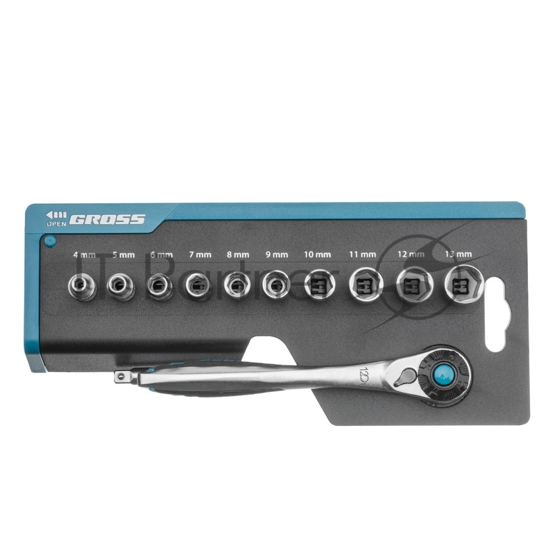 Набор торцевых головок, трещотка 120 зубьев, 12 предметов, 1/4, CrV// Gross