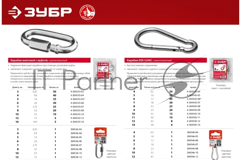 Карабин DIN 5299С, 9мм, 20 шт, оцинкованный, ЗУБР