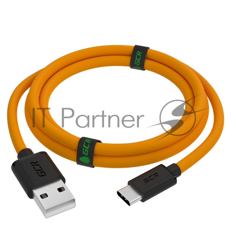 Кабель GCR QC 0.5m, TypeC, быстрая зарядка, оранжевый TPE, черные коннекторы, 28/22 AWG