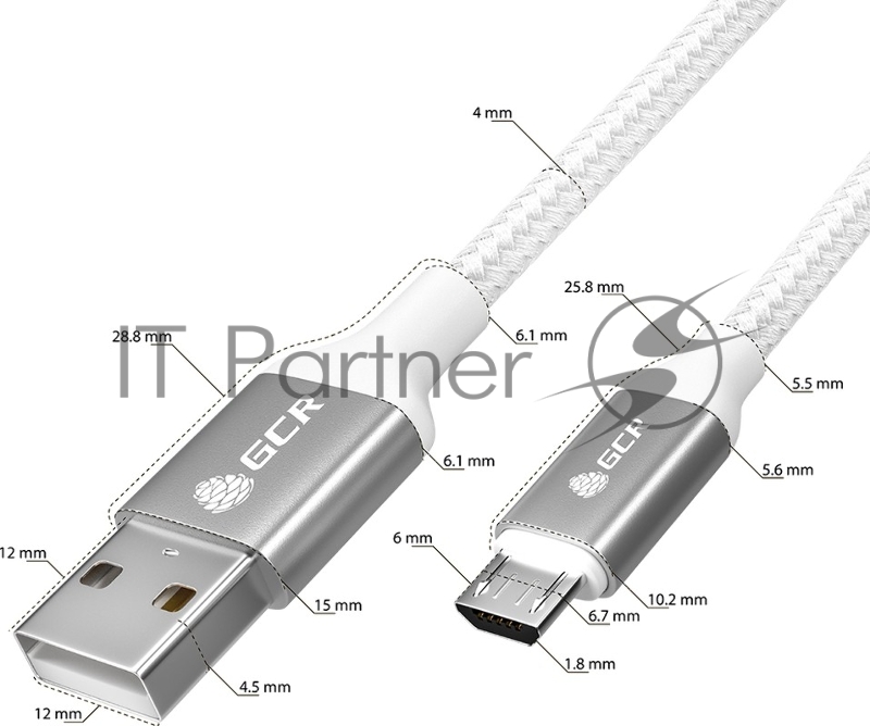 QC Кабель 1.0m MicroUSB, быстрая зарядка, белый нейлон, AL корпус серебро, белый ПВХ, 28/24 AWG, GCR-52468