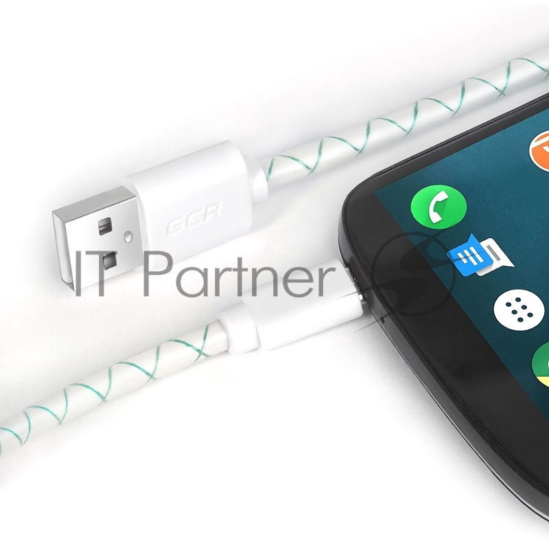 Кабель 0.15m MicroUSB, бело-зеленый, белые коннекторы, быстрая зарядка, 28/24 AWG, GCR-53207