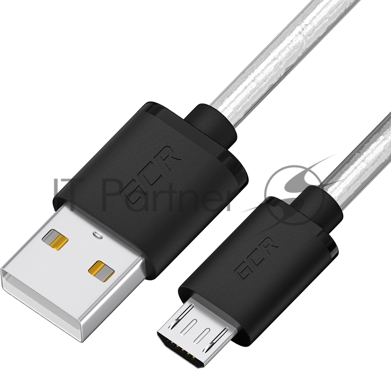Кабель 0.5m MicroUSB, прозрачный, черные коннекторы, быстрая зарядка, 28/24 AWG, GCR-54475