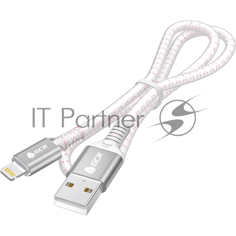 Кабель 1.0m AM/Lightning LED для iPhone, iPad, Air, MFi, бело-розовый, AL case серебро, прозрачный ПВХ