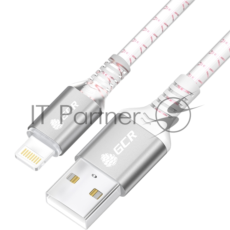 Кабель 1.0m AM/Lightning LED для iPhone, iPad, Air, MFi, бело-розовый, AL case серебро, прозрачный ПВХ