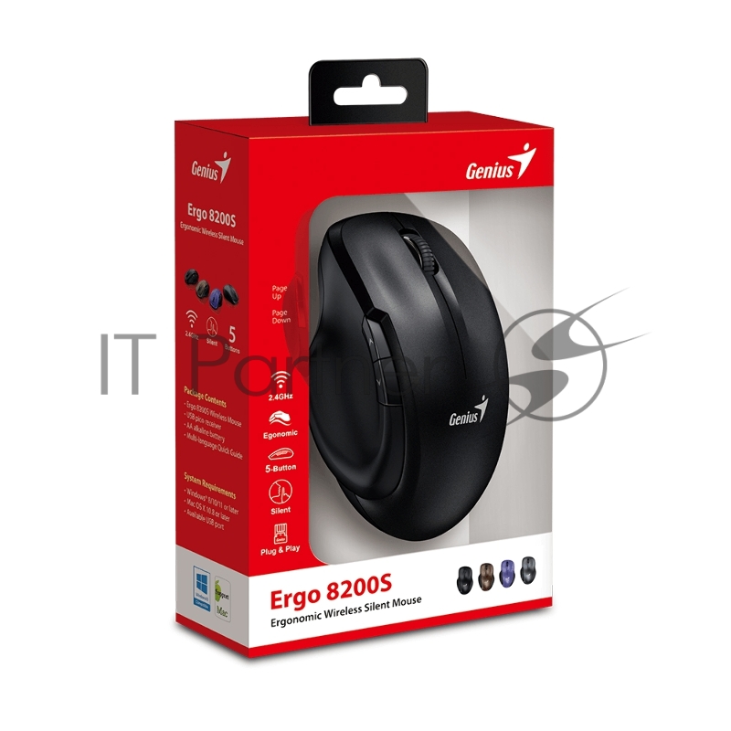 Мышь беспроводная Genius Ergo 8200S Black. Полноразмерная, эргономичная, бесшумная, 5 кнопок. DPI 1200. Сенсор Blue Eye. Частота 2.4 GHz. Цвет: чёрный