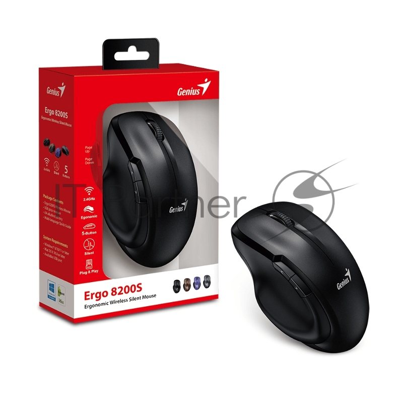 Мышь беспроводная Genius Ergo 8200S Black. Полноразмерная, эргономичная, бесшумная, 5 кнопок. DPI 1200. Сенсор Blue Eye. Частота 2.4 GHz. Цвет: чёрный