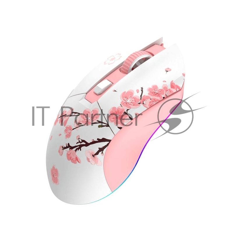 Мышь игровая беспроводная Dareu EM901X Sakura Pink (розовая сакура), DPI 400/800/1600/3200/6400/12000, подключение: проводное+2.4GHz, подсветка RGB, с зарядной станцией, встроенный аккумулятор 930mAh, размер 124x67x39мм