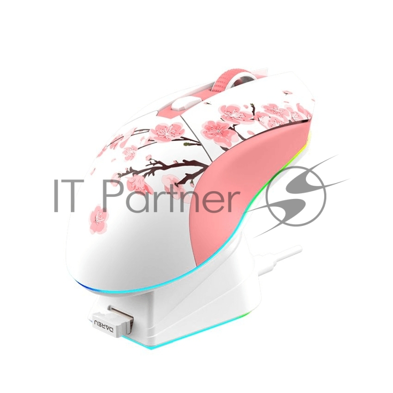 Мышь игровая беспроводная Dareu EM901X Sakura Pink (розовая сакура), DPI 400/800/1600/3200/6400/12000, подключение: проводное+2.4GHz, подсветка RGB, с зарядной станцией, встроенный аккумулятор 930mAh, размер 124x67x39мм