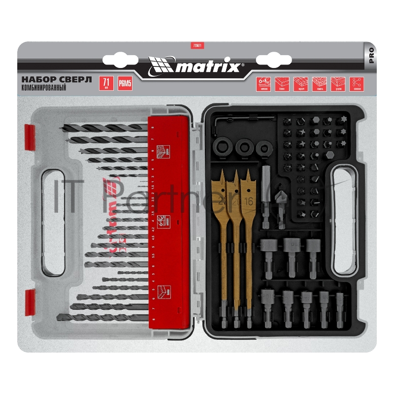Набор сверл комб.,мет.1-6мм,бет.3-8мм,дер. перки,бит.30шт,адап.,голов.8шт PRO// Matrix
