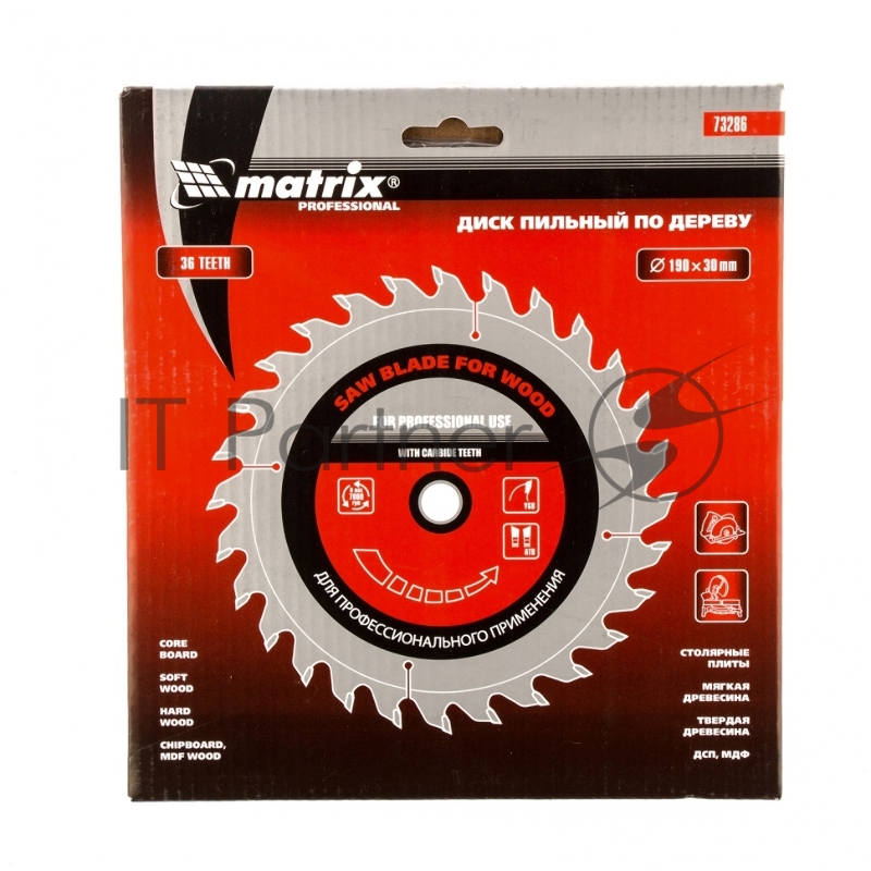 Пильный диск по дереву, ф190 х 30 мм, 36 зубьев// Matrix