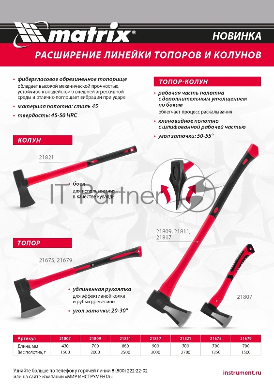 Топор-колун с клиновидным полотном 2000 г, фибергласовое обрезиненное топорище 700 мм// Matrix