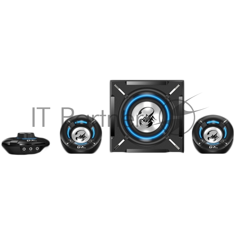 Компьютерные игровые колонки Genius SW-G2.1 1000, 100-240В,26Вт (Сабвуфер: 16Вт, Сателлиты: 5Втx2), мощные басы, синяя подстветка, блок управления громкос