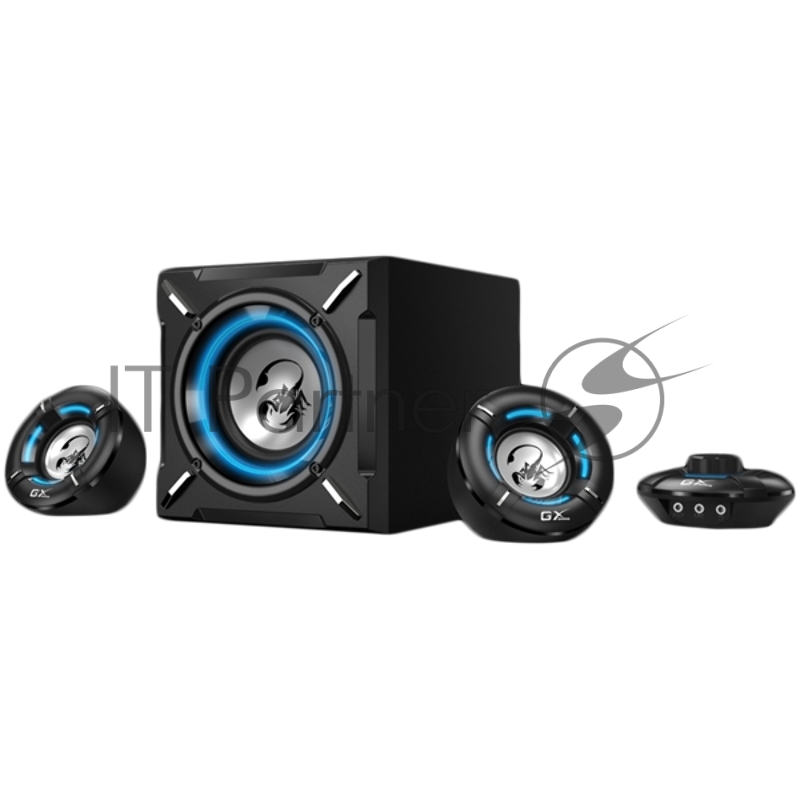 Компьютерные игровые колонки Genius SW-G2.1 1000, 100-240В,26Вт (Сабвуфер: 16Вт, Сателлиты: 5Втx2), мощные басы, синяя подстветка, блок управления громкос