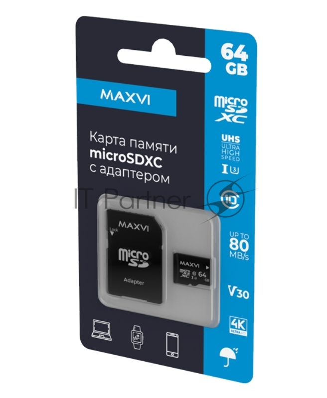 Карта памяти Maxvi (MSD64GBC10V30) microSDXC 64GB, class 10, UHS-I (3), V30