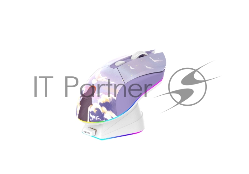 Мышь игровая беспроводная Dareu EM901X Dream (фиолетовый, серия Dream), DPI 400/800/1600/3200/6400/12000, подключение: проводное+2.4GHz, подсветка RGB, с зарядной станцией, встроенный аккумулятор 930mAh, размер 124x67x39мм