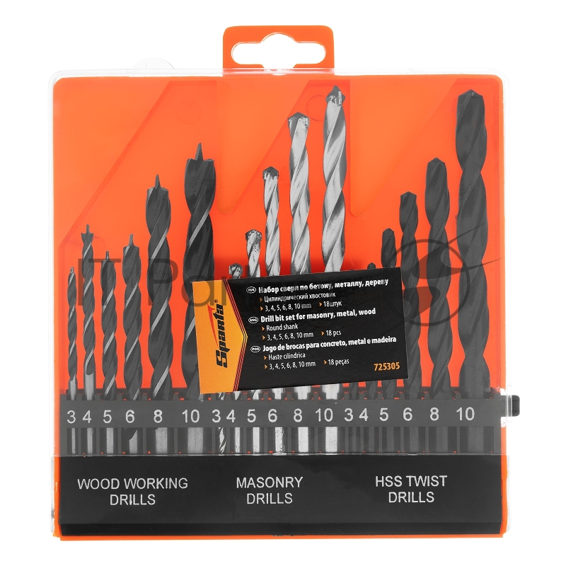 Набор сверл по бетону, металлу, дереву 3-4-5-6-8-10 мм, 18 шт. пласт. бокс, цилин. хвост.// Sparta