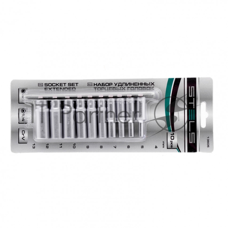 Набор удлиненных торцевых головок 1/4, 6-ти гр., CrV, 10шт., 4-13мм// Stels