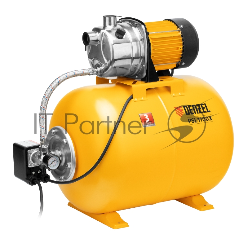 Насосная станция PSL1100X, 1100 Вт, 3600 л/ч, ресивер 50 л, подъем 45 м, нержавейка// Denzel