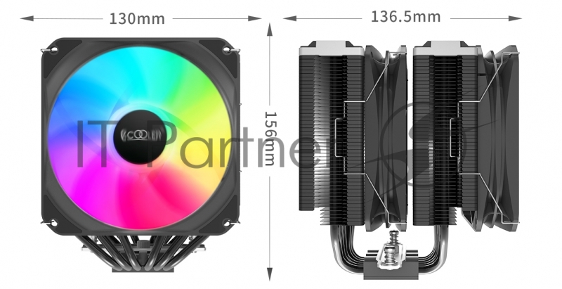 Кулер PCCooler Paladin S9 W S115X/1200/1700/20XX /AM4 (8 шт/кор, TDP 250W, 2x120mm ARGB PWM FAN, медная база, 6 тепловых трубок 6мм, 800-1800RPM, 10-28.6dBa)