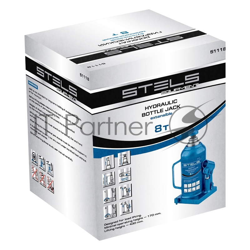 Домкрат гидравлический бутылочный телескопический, 8 т, h подъема 170–430 мм// Stels