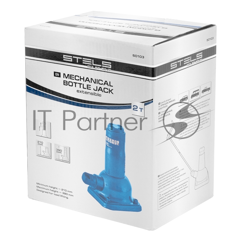 Домкрат механический бутылочный, 2 т, h подъема 210–390 мм, 2 части (домкрат, ручка)// Stels