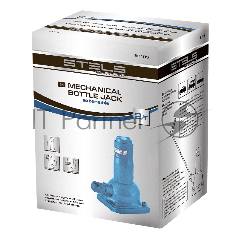 Домкрат механический бутылочный, 2 т, h подъема 270–485 мм, 2 части (домкрат, ручка)// Stels