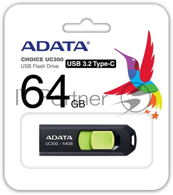 Флеш Диск A-Data 64Gb Type-C UC300 ACHO-UC300-64G-RBK/GN USB3.2 черный/зеленый