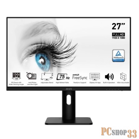 Монитор MSI PRO MP273P 27 16:9 FHD(1920x1080)IPS, 5ms(GTG), 1000:1, 100M:1, 250nit, 178/178, HDMI 1.4b, DP 1.2a, Speaker, VESA, Tilt, 75Hz, Kensington Lock, 1y
