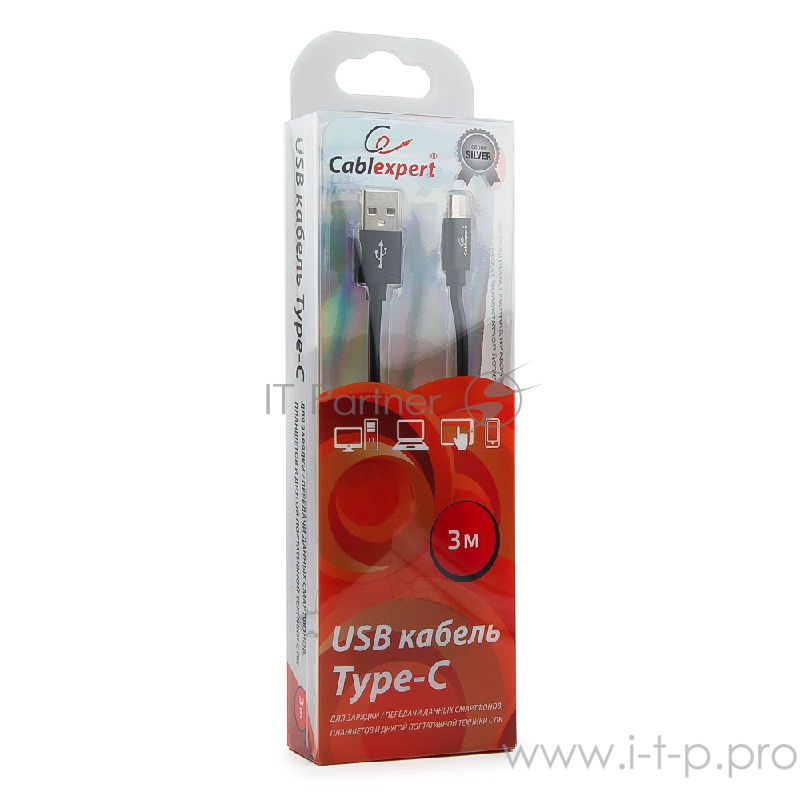Кабель Cablexpert Кабель USB 2.0 CC-S-USBC01Bk-3M, AM/Type-C, серия Silver, длина 3м, черный, блистер