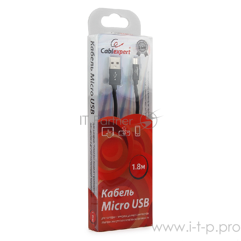 Кабель Cablexpert Кабель USB 2.0 CC-S-mUSB01Bk-1.8M, AM/microB, серия Silver, длина 1.8м, черный, блистер
