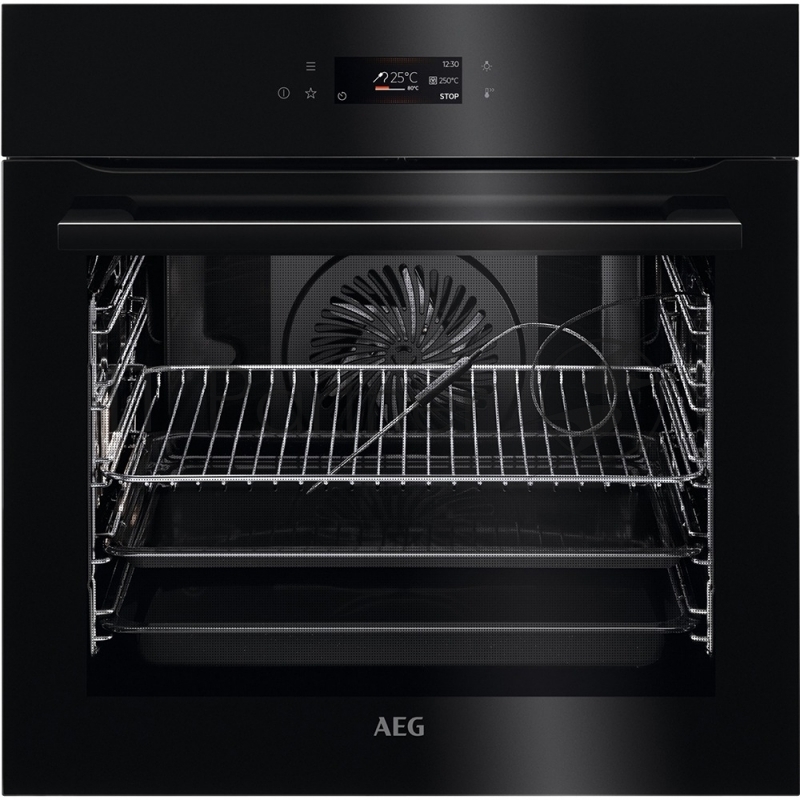 Встраиваемая электрическая духовка AEG BPE742380B AssistedCook, основной цвет - чёрный, сенсорное управление, ЖК-дисплей, электронное регулирование времени и температуры, будильник, таймер отключения, отложенный старт, хромированные направляющие из