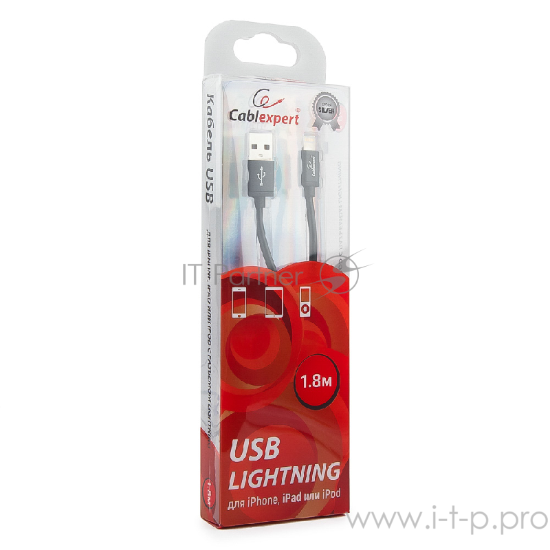 Кабель Cablexpert Кабель для Apple CC-S-APUSB01Bk-1.8M, AM/Lightning, серия Silver, длина 1.8м, черный, блистер