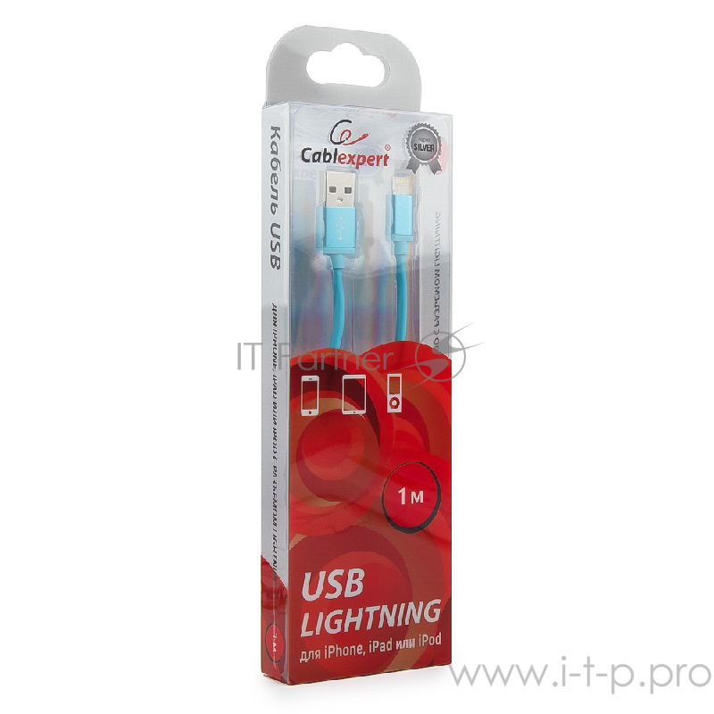 Кабель Cablexpert Кабель для Apple CC-S-APUSB01Bl-1M, AM/Lightning, серия Silver, длина 1м, синий, блистер