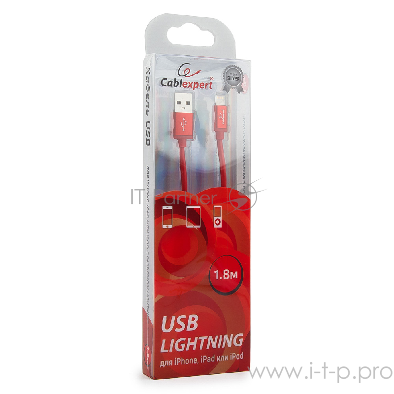 Кабель Cablexpert Кабель для Apple CC-S-APUSB01R-1.8M, AM/Lightning, серия Silver, длина 1.8м, красный, блистер