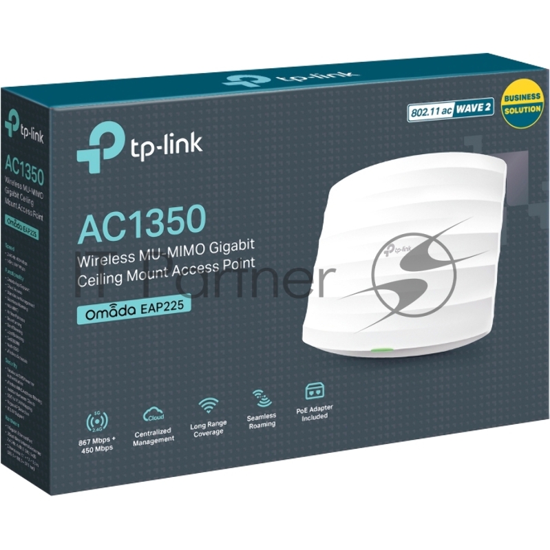 Точка доступа AC1350 MU-MIMO Gb Ceiling Mount Access Point, 802.11a/b/g/n/ac wave 2, 802.3af Standard PoE and Passive PoE (Passive POE Adapter included), 1 10/100/1000Mbps hidden LAN port