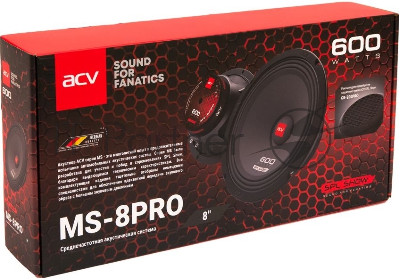 Колонки автомобильные ACV MS-8PRO (без решетки) 95дБ 3.2Ом 20см (8дюйм) (ком.:2кол.) среднечастотные однополосные