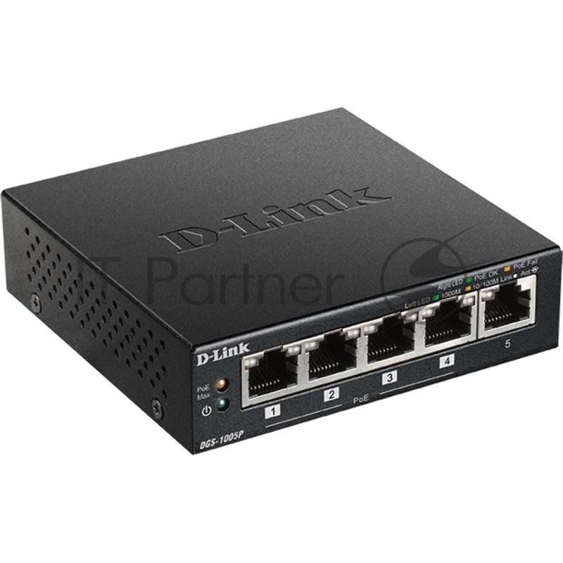 Неуправляемый коммутатор D-Link DGS-1005P/B1A с 5 портами 10/100/1000Base-T, функцией энергосбережения и поддержкой QoS (4 порта с поддержкой PoE 802.3af/802.3at (30 Вт), PoE-бюджет 60 Вт)