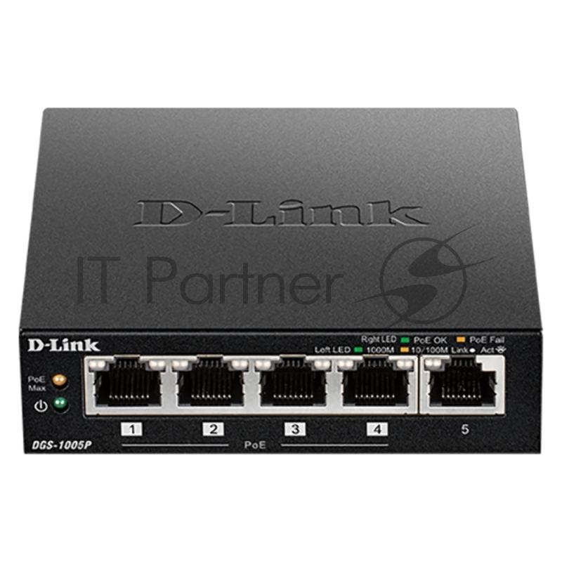 Неуправляемый коммутатор D-Link DGS-1005P/B1A с 5 портами 10/100/1000Base-T, функцией энергосбережения и поддержкой QoS (4 порта с поддержкой PoE 802.3af/802.3at (30 Вт), PoE-бюджет 60 Вт)