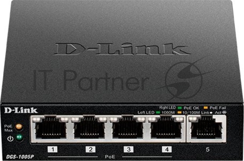 Неуправляемый коммутатор D-Link DGS-1005P/B1A с 5 портами 10/100/1000Base-T, функцией энергосбережения и поддержкой QoS (4 порта с поддержкой PoE 802.3af/802.3at (30 Вт), PoE-бюджет 60 Вт)