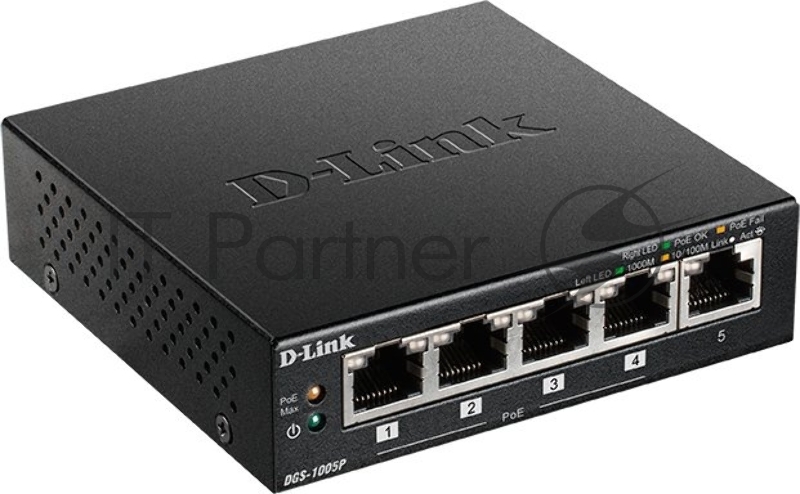 Неуправляемый коммутатор D-Link DGS-1005P/B1A с 5 портами 10/100/1000Base-T, функцией энергосбережения и поддержкой QoS (4 порта с поддержкой PoE 802.3af/802.3at (30 Вт), PoE-бюджет 60 Вт)